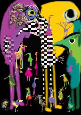 many large colorful birds with long legs composition, raster illustration over a black backgroundの写真素材