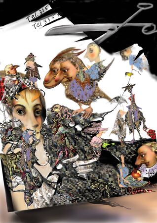 woman portrait with a two-faced bird, poster, telephone numbers and scissors, raster illustration over a white and black backgroundの写真素材