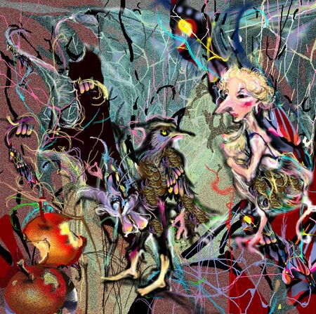 abstract portrait of a woman with an bitten apple, goblin-like, abstract colorful pattern illustrationの写真素材