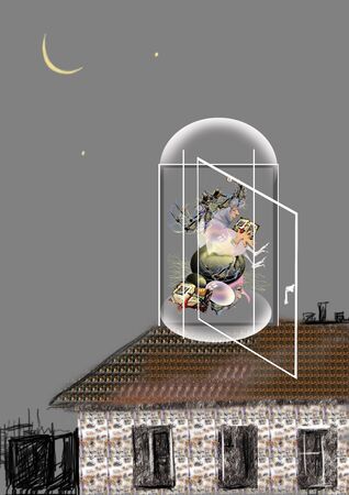 old witch reading an old magic book, sitting on a stone with a head, halloween card, raster illustration over a gray background, floating in a cage over a house, moon and starsの写真素材