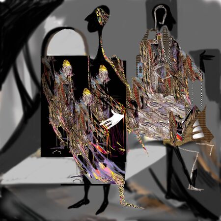 personality, psychology, split personality, marionettes, images, perception of reality, inner world, raster illustration over a black backgroundの写真素材