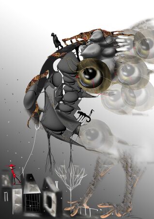 face of a huge animal pet, fish-like, small town, raster illustration over a gray  backgroundの写真素材