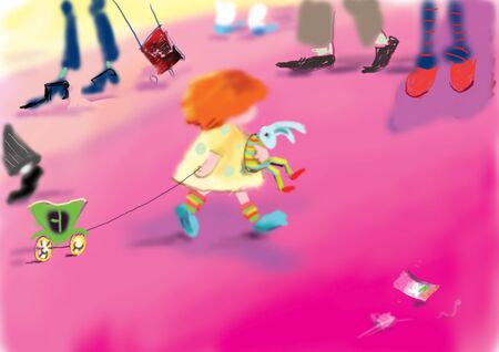 cute, little girl carrying a toy rabbit, and pulling a toy car behind her, adult feet are visible around her, raster illustration over a pink background, children illustrationの写真素材