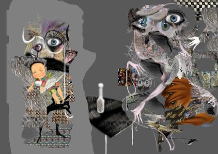 weird abstract illustration, gray shapes with eyes, holding a sleeping baby, hallucinations, raster illustration over a gray backgroundの写真素材