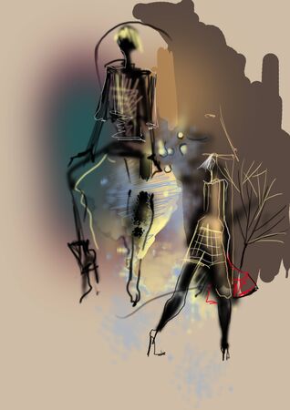 two women sitting and standing, raster illustration, beige background,の写真素材