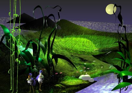 background image of dark nature with moon at night and a nice lawn, with plants and animals, 3D illustrationの写真素材