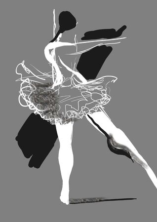 dancer girl, dancing ballet, black and white illustration, gray backgroundの写真素材