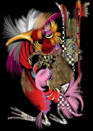 exotic bird red and colorful, with bright colors, over a black background, illustrationの写真素材