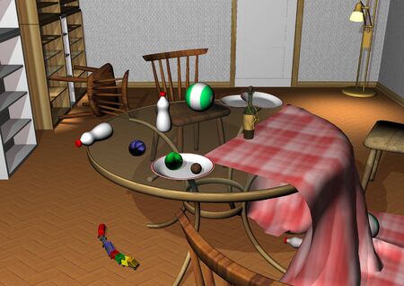 messy room, glass table with upturned baby bottles, toys and plates, chairs lying around 3D illustrationの写真素材