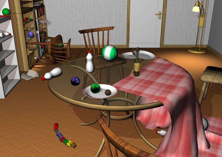 messy room, glass table with upturned baby bottles, toys and plates, chairs lying around 3D illustrationの写真素材