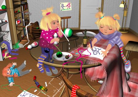 messy room, glass table with upturned baby bottles, toys and plates, chairs lying around 3D illustration, two girls playingの写真素材