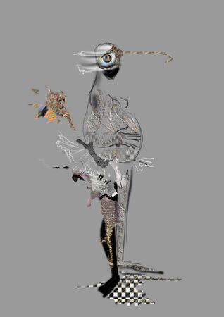 weird figure, pregnant looking creature, alien, raster illustration over a gray backgroundの写真素材