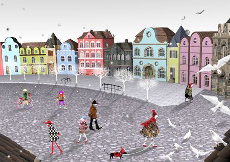 little old Belgian town square filled with colorful people, 3D illustration over a white background, colorful homes, grey asphalt, roofs, white skyの写真素材