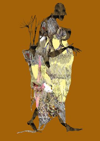 black pregnant woman walking, in a light yellow dress over an orange background, raster illustrationの写真素材