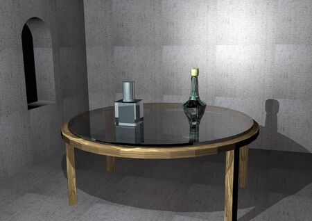empty historic room with an old glass table and two bottles on it, 3D illustrationの写真素材