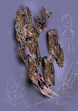 abstract image of a bark with an eye inside and child drawings around, raster illustration over a light blue backgroundの写真素材