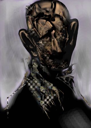 portrait of an old man, bald and dressed in black, raster illustration over a gray  backgroundの写真素材