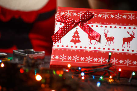 red Christmas box with deer and garland!の写真素材