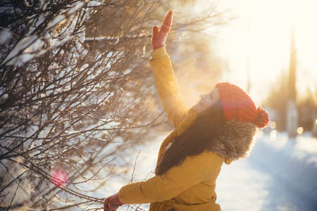 Portrait of romantic girl at sunset, sunrise, gold per hour on a frosty winter day,eveningの写真素材