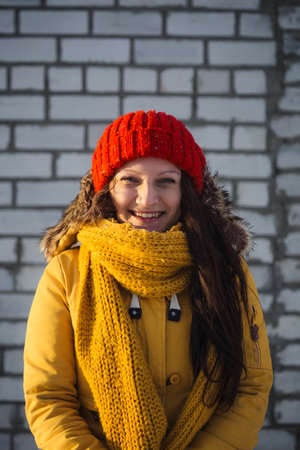 Portrait of romantic girl at sunset, sunrise, gold per hour on a frosty winter day,eveningの写真素材