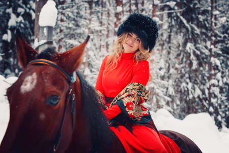 portrait of a beautiful girl and a handsome stallion, a horse in the winter on the nature, style