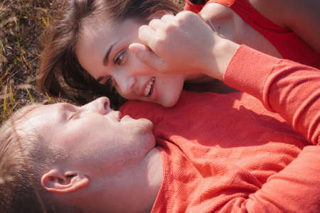 the loving couple walks on the wheat field, love story