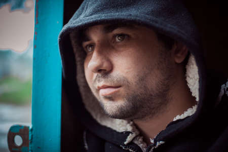 the man portrait on a black background in marching clothesの写真素材