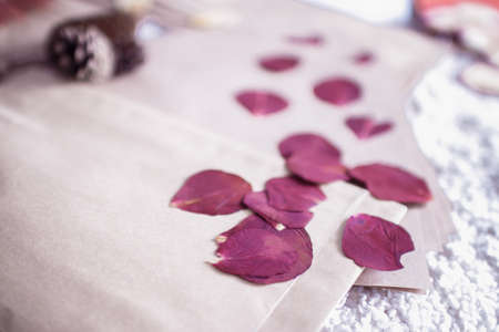 St. Valentine's Day: the dried petals of roses and paper envelopes, are ready to packing of the love letterの写真素材