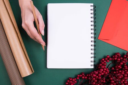 A girl and notebook with clean pages. Christmas decor. Planning concept.の写真素材