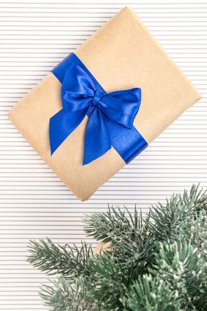 Gift in craft paper with blue ribbon and bow-knot, branches of spruce on a white background.の写真素材
