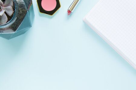 A succulentus, note, lipstick and blush on a blue background. Flat lay. Copy space.の写真素材