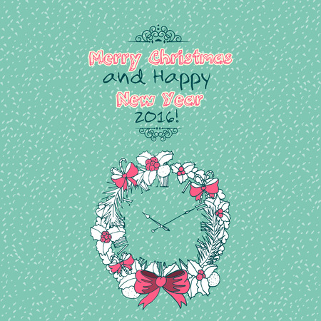 Vintage Merry Christmas doodles card with christmas wreath, hand-written text.のイラスト素材