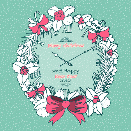 Vintage Merry Christmas doodles card with christmas wreath, hand-written text.のイラスト素材