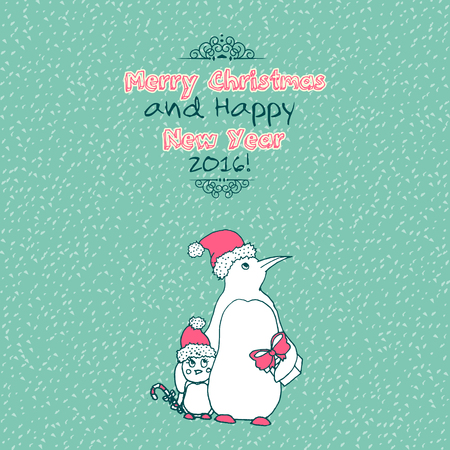Vintage Merry Christmas doodles card with penguins family, hand-written text.のイラスト素材