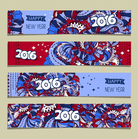 2016 xmas, Happy Nw Year and Merry Christmas banner templates set with hand drawn style ornament and typography inscription.Vector illustration.のイラスト素材