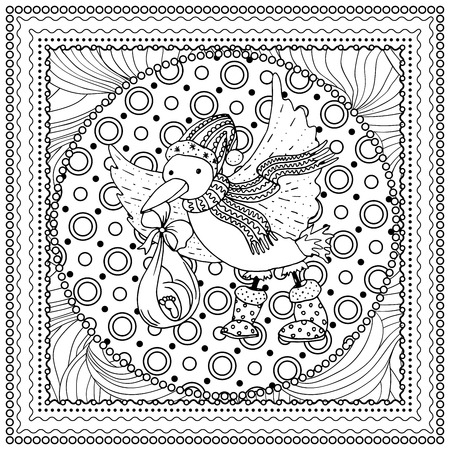 Black vector mono color illustration for Merry Christmas and Happy New Year 2016 print design. Coloring book page design for adults or kids. Vector template.Ornamental border and frameのイラスト素材