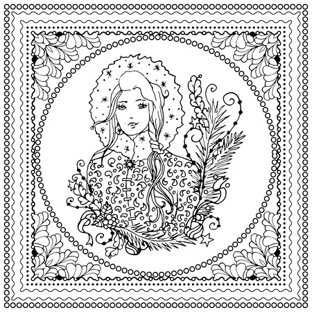 Black vector mono color illustration for Merry Christmas and Happy New Year 2016 print design. Coloring book page design for adults or kids. Vector template.Ornamental border and frameのイラスト素材