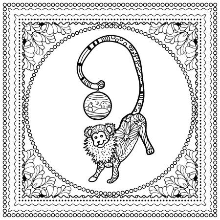 Black vector mono color illustration for Merry Christmas and Happy New Year 2016 print design. Coloring book page design for adults or kids. Vector template.Ornamental border and frameのイラスト素材