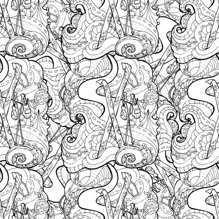 Seamless pattern for print textile design or paper wrapping.Merry Christmas style, ski equipment in the snowのイラスト素材