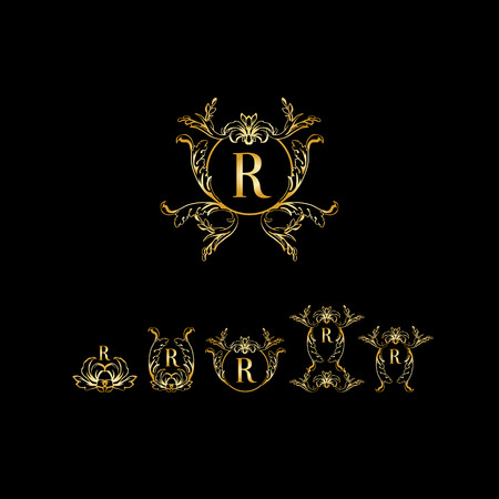 Stylish and elegant monogram design template with letter R. Vector illustration.Golden and luxuryのイラスト素材