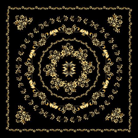 Gold bandana silk scarf. Black background and vintage ornamentのイラスト素材
