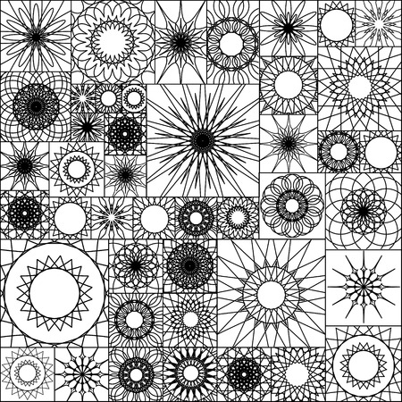 Tile seamless pattern with spirograph. Mandalas in square shape. Wallpaper design, Vector illustration. Black, mono color.のイラスト素材