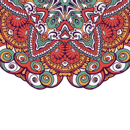 Colorful ornamental ethnic card with mandala. Template with doodle tribal mandala. Vector illustration. Can be used for wedding invitation design and other print design.のイラスト素材