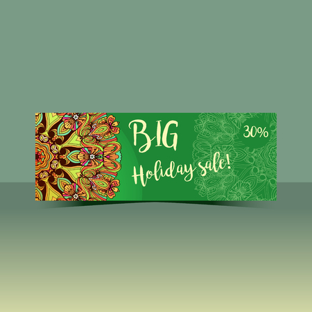 Colorful ornamental ethnic banner. Template with doodle tribal mandala for holiday sale design. Colorful design. Vector illustration.のイラスト素材
