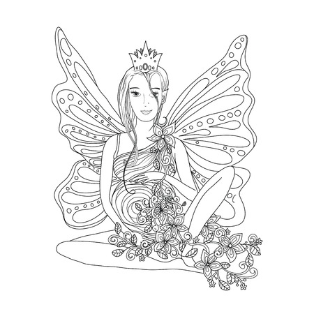 Adult coloring book page with Pregnant lady and wings. Doodle style art. Black and whiteのイラスト素材
