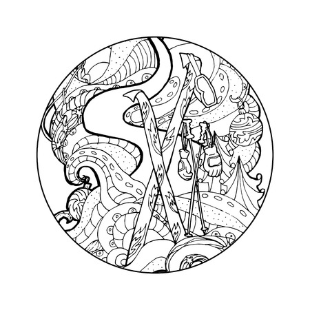 Black vector mono color illustration for Ski, Winter Sport print design.  Coloring book page design for adults or kids. Vector template.Ornamental border and frameのイラスト素材