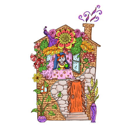 Adult coloring page. Colored illustration. Cat in the colorful house drinking tea.のイラスト素材