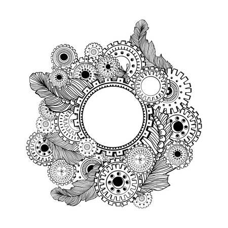 Hand drawn circle frame for photo with steampunk technology elements. Doodle style designのイラスト素材