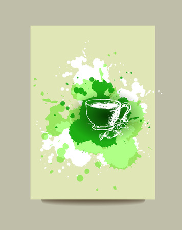 Business card, flyer or brochure with green tea concept design.Healthy lifestyle. Sketch tea cup and watercolor splashes.のイラスト素材
