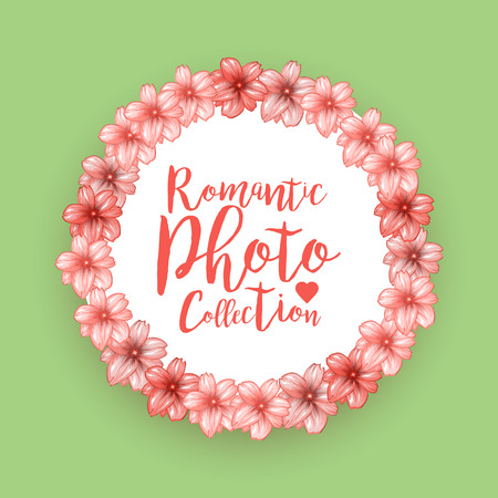 Romantic circle photo frame with pink cherry flowers. Round border with place for your image. Vector illustrationのイラスト素材
